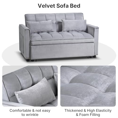 Rovibek 3 in 1 Sleeper Sofa Bed, 53'' Pull Out Couch Convertible Futon Loveseat with Adjustable Backrest, Velvet Sleeper Chaise Lounge Futon for Apartment Office Small Space, Grey Rovibek