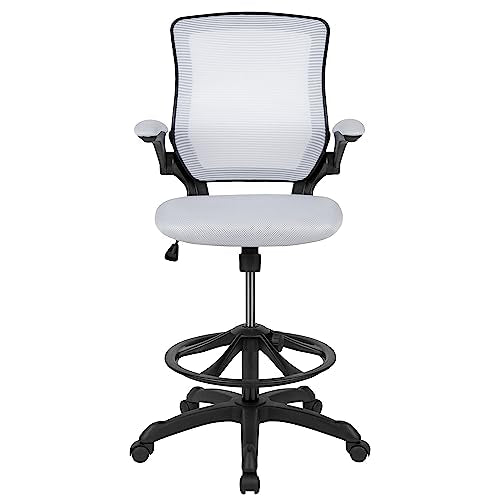 Flash Furniture Kale Mid-Back White Mesh Ergonomic Drafting Chair | Adjustable Foot Ring, Flip-Up Arms Flash Furniture