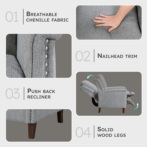 Lexicon Push Back Recliner Chair with Footrest, Reclining Sofa Armchair, Modern Chenille Fabric Recliner with Nailhead Trim for Living Room/Office/Apartment, Gray