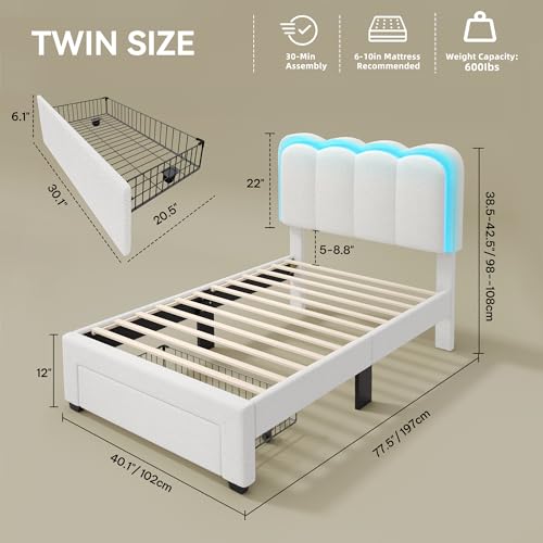 YITAHOME Twin Size Bed Frame with Drawer, Adjustable Headboard with Charging Station and LED Lights, Upholstered Platform Bed with Heavy Duty Wood Slats, No Box Spring Needed, Easy Assembly, Beige YITAHOME