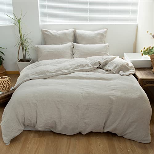 Simple&Opulence 100% Linen Duvet Cover Set 3pcs Basic Style Natural French Washed Flax Solid Color Soft Breathable Farmhouse Bedding with Button Closure - Linen, King Simple&Opulence