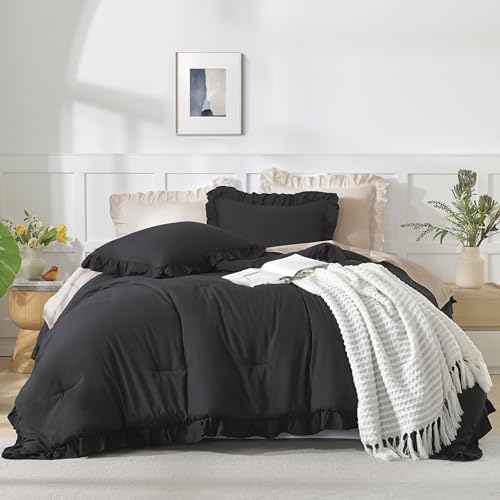 Andency Black King Size Comforter Set, 3 Pieces Farmhouse Shabby Chic Bedding Comforters & Sets, Soft Fluffy Lightweight All Season Down Alternative Bed Blanket Set Andency