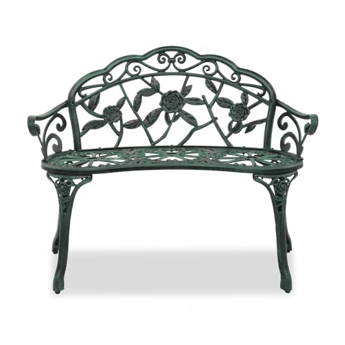 Outvita Outdoor Bench, 38" Cast Aluminum Garden Bench Anti-Rust Weather Resistant Patio Bench Rose Pattern Bench for Front Porch, Backyard, Lawn Outvita