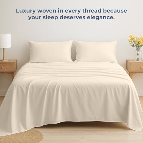 Royale Linens 100% Organic Cotton Fitted Sheet - Percale Weave - Super Soft Deep Pocket Bottom Sheets - Cream Elastic Sheet Twin Size - Twin Fitted Sheets Only - (39"x75"+15", Cream) ROYALE LINENS