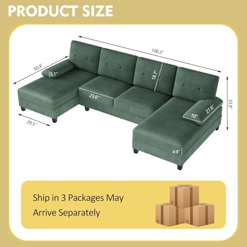 Shintenchi U Shaped Sectional Couches for Living Room, 4 Seat Modern Sectional Sofa with Removable Armrest & Soft Backrest for Apartment and Small Space, Deep Green Shintenchi