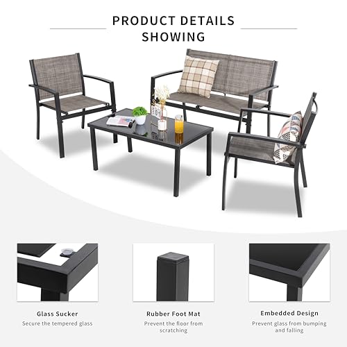 Shintenchi 4 Pieces Patio Furniture Set All Weather Textile Fabric Outdoor Conversation Set, with Glass Coffee Table, Loveseat, 2 Single Chairs for Home, Garden, Lawn, Porch(Light Brown) Shintenchi