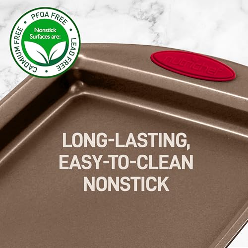 NutriChef 5-Piece Baking Pan Set - Carbon Steel Stackable Bakeware with Red Silicone Handles & Nonstick Coating, Includes Cookie Sheets, Roaster Pan with Lid, Loaf Pan, and 12 Cup Muffin Pan (Gold) NutriChef