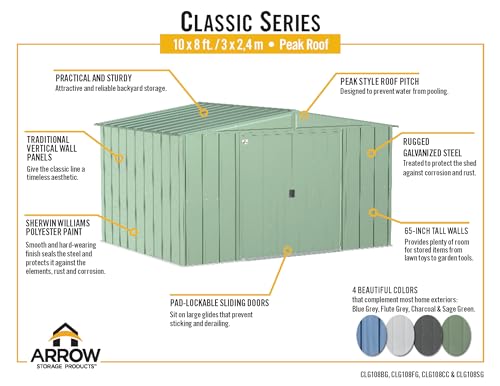 Arrow Classic Steel Storage Shed, 10x8, Blue Grey Arrow