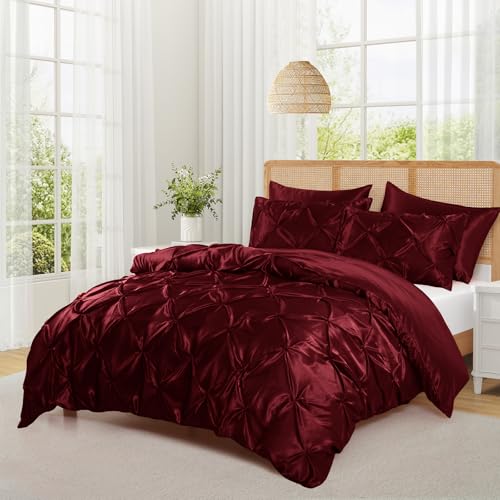 P Pothuiny 5 Pieces Satin Pintuck Duvet Cover Set, Silky Like Burgundy Pinch Pleat Duvet Cover Full/Queen Size Luxury Bedding Set with Corner Ties, 2 Pillow Shams + 2 Pillowcases (No Comforter) P Pothuiny