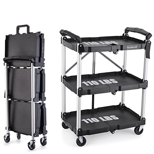 FUTURELAB Portable Folding Service Cart - 3 Tier 330LBS Capacity - Rolling Cart Utility Cart Foldable Cart with Wheels for Warehouse Home Workshops FUTURELAB