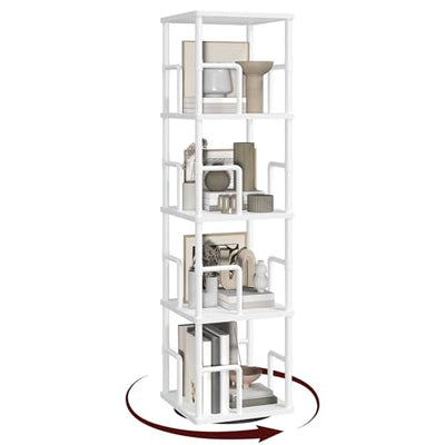 MAHANCRIS 4-Tier Rotating Bookshelf, Freestanding Corner Bookshelf, 360° Spinning Bookcase, Industrial Style Storage Rack with Rails, for Living Room, Bedroom, Study, White BKWT1501