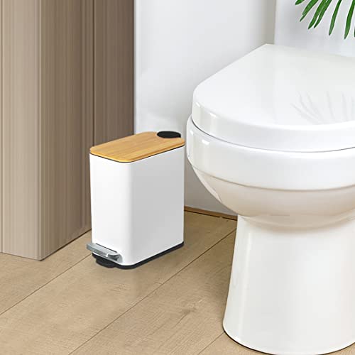 SIDIANBAN Bathroom Trash Can with Bamboo Lid Soft Close and Foot Pedal, Small Rectangular Slim Garbage Can with Inner Wastebasket for Bedroom, Office, Kitchen, 1.3Gal/5L, White SIDIANBAN
