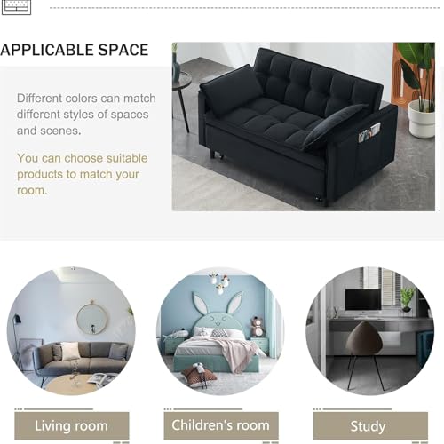 3 in 1 Convertible Sleeper Sofa Bed, Velvet Loveseat Futon Pull-Out Couch with Adjustable Reclining Backrest, Side Pockets and Pillows for Living Room, Bedroom, Apartment, Small Spaces (Black-Velvet) Ehsovlnut