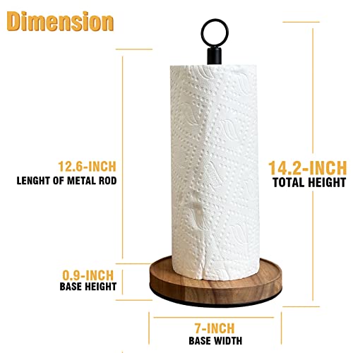 WILDMOS Paper Towel Holder Countertop,Solid Acacia Wood with Thick Metal Base,Black Paper Towel Holder for Farmhouse Kitchen,Wooden Paper Towel Holder Stand. WILDMOS