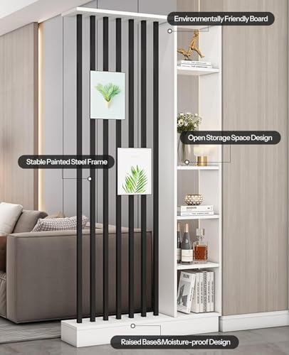 Wall Room Divider with Storage Shelves, Modern Freestanding Room Divider Screen, Open Room Wood Partition for Home & Office Decor (White + Black, 55" L x 9.5" W x 79.5" H) URMUYJJ