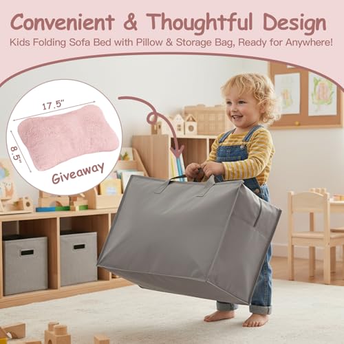 Tiita Folding Sofa Bed Floor Mattress for Kids, Toddler Washable Foldable Floor Nap Mat, Child Fold Up Sofa Futon Folding Chair Bed with Storage Bag for Girls Boys, Ball, Plush Pink Tiita