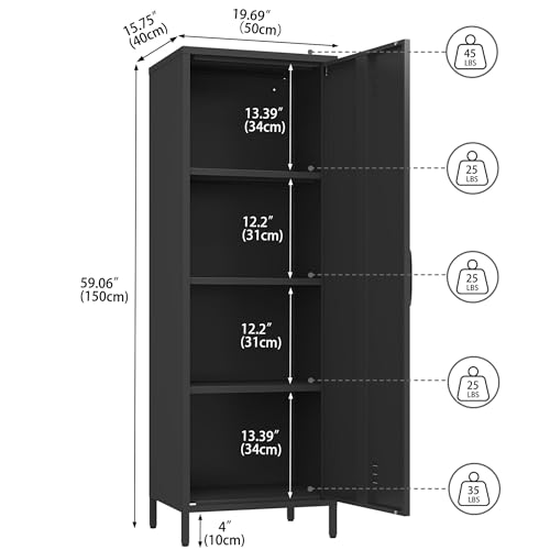 Steehoom Metal Storage Cabinet, Steel File Locker with 3 Shelves 59.06-inch high for School, Living Room, Bedroom, Office (Black) Steehoom