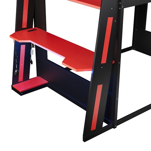 SOFTSEA Queen Size Gaming Bunk Bed with Desk, Storage Shelves, LED Lights & USB Ports, Wood Loft Bunk Bed with Desk and Ladder for Kids, Teens & Adults, Space-Saving, Black & Red SOFTSEA