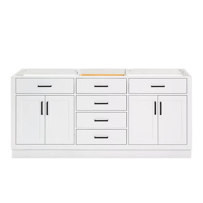 ARIEL Double Bathroom Vanity Base Cabinet 72" White, Double Sink Configuration, 4 Soft Closing Doors, 6 Full Extension Dovetail Drawers, Toe Kick, Matte Black
