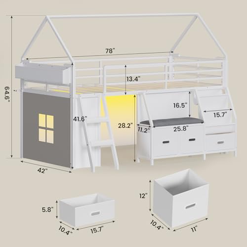 ADORNEVE Low Loft Bed Twin Size with Bookshelf, Reading Nook, LED Kids Loft Bed with 3 Drawers, Under-Bed Play Space, House Loft Beds with Safety Guardrail, Inclined Ladde & Play Curtain, White ADORNEVE