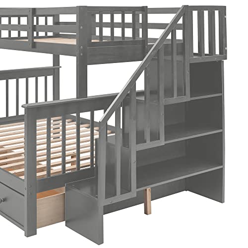 MERITLINE Grey Twin Over Full Bunk Bed with Stairs, Storage Drawers, and Safety Features MERITLINE