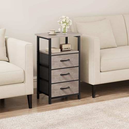 Vagusicc Nightstand Set of 2 with Charging Station, Bedside Table with USB Ports and Outlet, End Table Side Table with 3 Fabric Drawer and Storage Shelf, Bed Side Table Night Stand for Bedroom, Greige Vagusicc