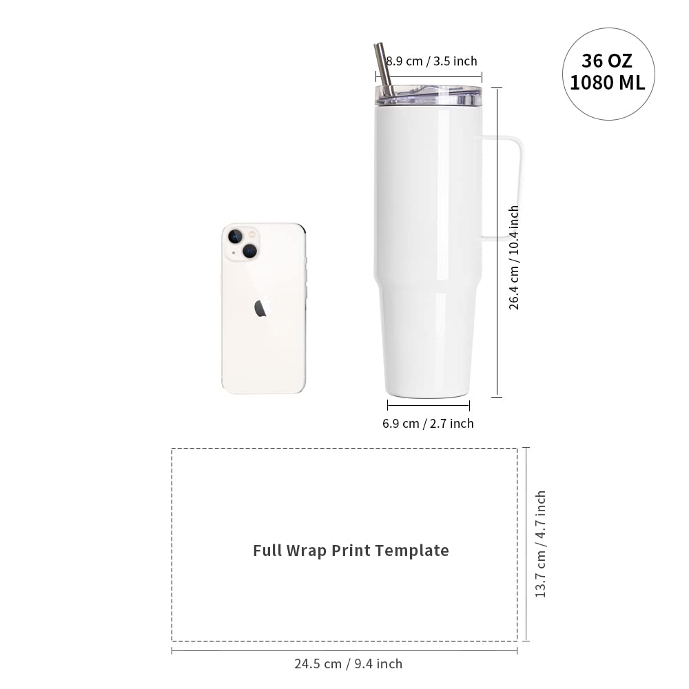 PYD Life 4 Pack Sublimation 36 OZ Tumblers with Handle Blanks White Coffee Mugs Insulated Reusable Travel Cups with Leakproof Lid and Stainless Straw for Tumbler Heat Press PYD Life