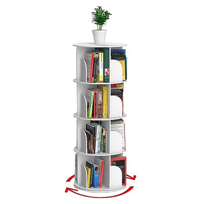 Rotating 4-Tier Bookshelf Display Tower - Space-Saving White Wood Bookcase for Kids and Adults