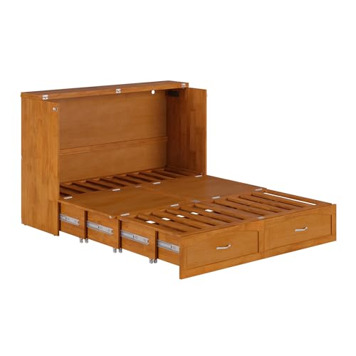 AFI, Marion Queen Wood Murphy Bed Chest with 6" Mattress, Storage Drawer, & Built-in Charger, Light Toffee AFI