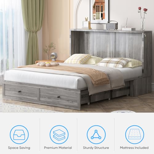 Mjkone Queen Size Murphy Bed with USB Charging Station, Farmhouse Murphy Cabinet with Tri-Folding Memory Foam Mattress, Modern Cabinet Beds with Large Storage Drawers for Living Room Home Office, Gray Mjkone