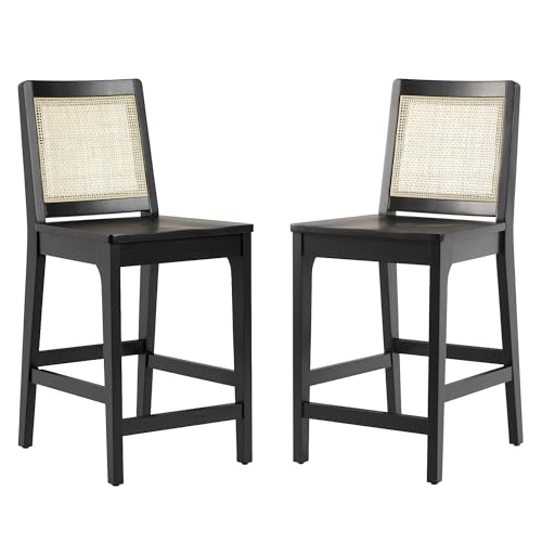 Walker Edison 2-Piece Boho Rattan Back Solid Wood Counter Stool, Set of 2, Black Walker Edison