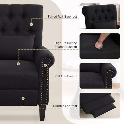 choairy Pushback Recliner Chair, Accent Push Back Chairs with Adjustable Footrest, Upholstered Linen Reclining Sofa with Side Pocket, Comfy Modern Armchair for Living Room, Bedroom, Black