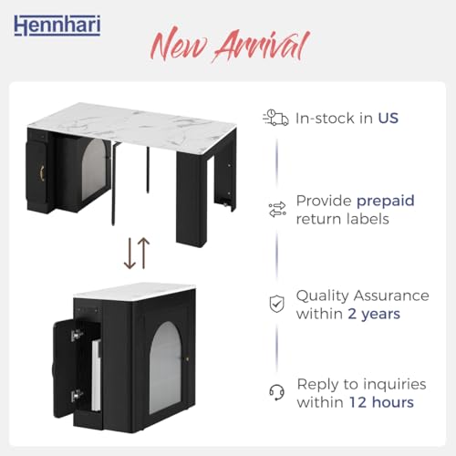 Hennhari Extendable Console Dining Table with Power Outlet & Iron Support Legs, Console Table with Extension Leaves Holder & LED Lights Glass Door Storage for Dining Room (Black) Hennhari