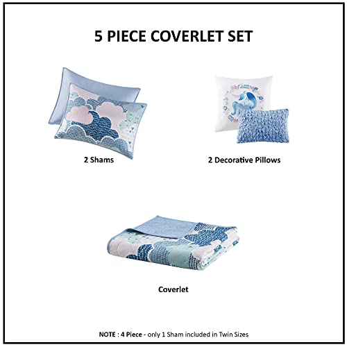 Intelligent Design Kids Reversible Cotton Quilt Set - Vibrant Fun, Playful Print, All Season Children Bedding Coverlet Bedspread, Decorative Pillow, Bedroom Décor, Twin, Cloud Blue 4 Piece Intelligent Design