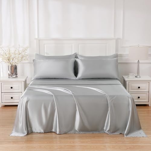 Sleeplite 4 Piece Luxury Satin Bed Sheets Set with Pillowcases - Ultra Soft & Silky, Hypoallergenic & Wrinkle-Free, Hotel Quality Comfort Bedding, Size Twin, Medium Grey Sleeplite