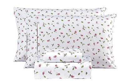 Mooreeke Full Sheets Set - 4 Pieces Soft Breathable Microfiber Bed Sheet Set - Pink Flower Green Leaf Pattern Sheet Set - Deep Pocket Non-Slip Floral Printed Fitted Sheet Included for All Season