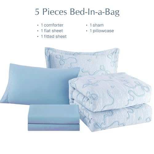 Geniospin Light Blue Twin Comforter Set for Girls- 5 Pieces Bowknot Jacquard Bed in A Bag Twin Bedding Sets with Sheets, Pillowcases & Shams, All Season Kids Comforter Set Geniospin