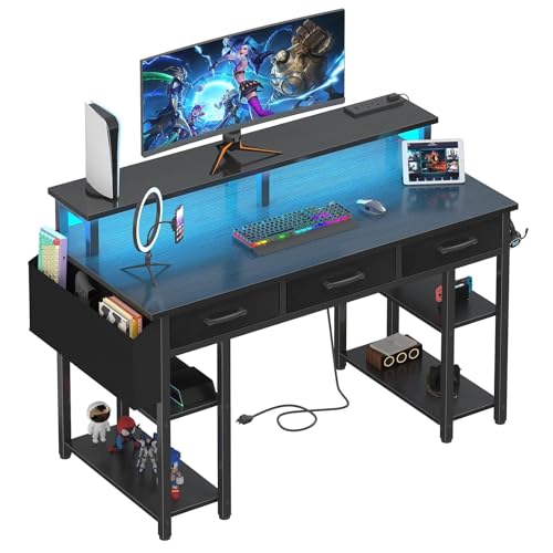 Lufeiya Gaming Desk with Led Lights and Power Outlets, 47 Inch Home Office Desk with Monitor Stand & Shelves, Writing Study Computer Desks with Fabric Drawers for Bedroom, Black Lufeiya