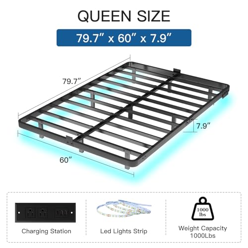 FviMzailon Queen Size Floating Bed Frame - Metal Platform Bed with Smart LED Lights & Charging Station, No Box Spring Needed, Easy Assembly FviMzailon
