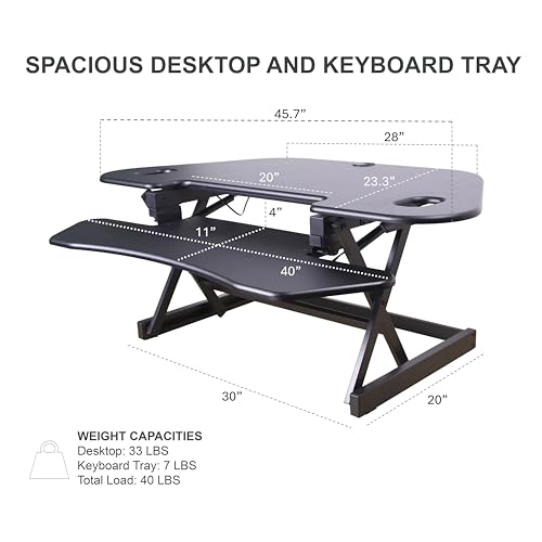 Rocelco 46" Height Adjustable Corner Standing Desk Converter - Quick Sit Stand Up Dual Monitor Riser - Gas Spring Assist Tabletop Computer Workstation - Large Keyboard Tray - Black (R CADRB-46) Rocelco