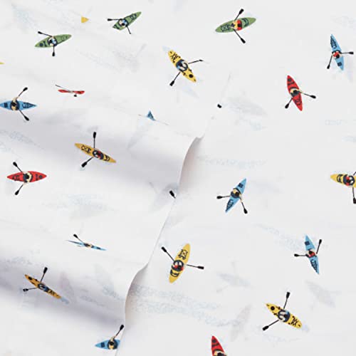 Eddie Bauer - Twin Sheet Set, Cotton Percale Bed Sheets, Crisp & Cool Home Decor, Dorm Room Essentials (Kayaks White, Twin) Eddie Bauer
