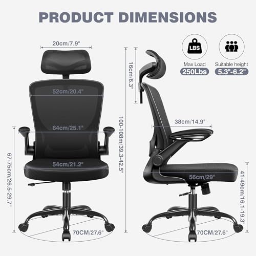 BESTFAIR Ergonomic Office Desk Chair Comfy, High Back Mesh Office Desk Chairs with Adjustable Lumbar Support, Headrest, Flip-up Armrests, Home Computer Chair for Gaming, Work, Black BESTFAIR
