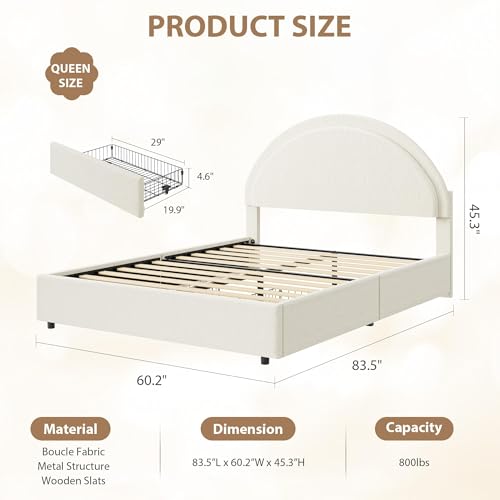 Garvee Queen Size Bed Frame with Storage Drawers, Upholstered Boucle Platform Bed with Round Headboard, Heavy Duty & Noise Free, No Box Spring Needed, Beige Garvee