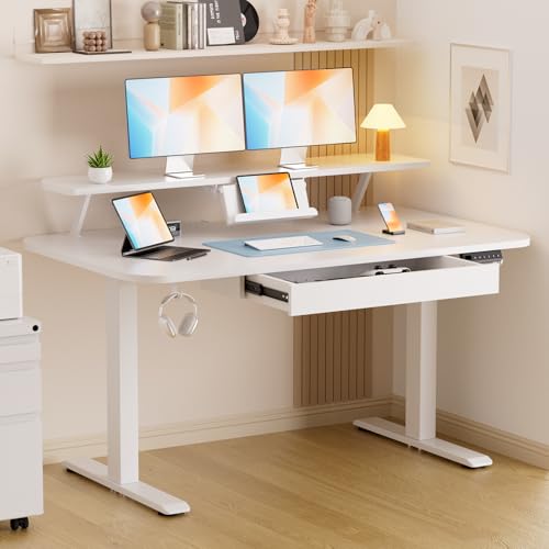 GTPLAYER Electric Standing Desk with Drawers, 48 x 24 Inches Height Adjustable Computer Desk with Monitor Stand, Laptop Stand, Home Office Sit Stand Up Desk with Memory Preset, White GTRACING