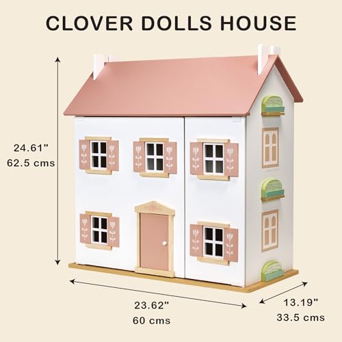 Mentari Clover Large Wooden Dollhouse - A Magical Playtime Palace with Swing-Open Panels - Elevating Playtime with Engaging Design, Interactive Features, and Limitless Pretend Play - Age 3Y and Up Mentari