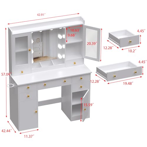 Wodeer Vanity Desk with Mirror and Lights, 43" White Makeup Vanity Set with 5 Drawers & Glass Cabinets, Makeup Tray, Power Outlet & Adjustable LED Lights, Dressing Table for Women & Girls Bedroom Wodeer