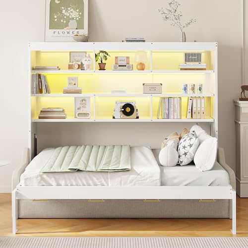 Quarte Full Size Murphy Bed with Folding Sofa & Built-in Storage Shelves, Space-Saving Wall Bed Frame with LED Lights, Safety Lock, Easy Assembly Quarte