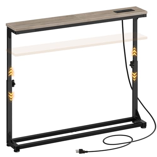 HOOBRO Narrow Console Table with Charging Station, Adjustable Height Sofa Table (25''-32.9''), Slim Behind Couch Table for Small Spaces, Entryway, Living Room, 39.4" Greige BG95UXG01 HOOBRO