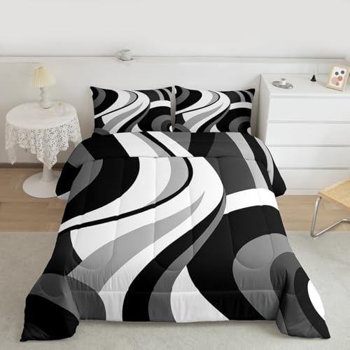 Gray Black White Spiral Twin Comforter Set for Adult Women Men Modern Swirls Stripes Abstract Bedding Set for Minimalists Boho Aesthetic Geometric Bed Sets Graffiti Art Lines Quilt Sets Erosebridal