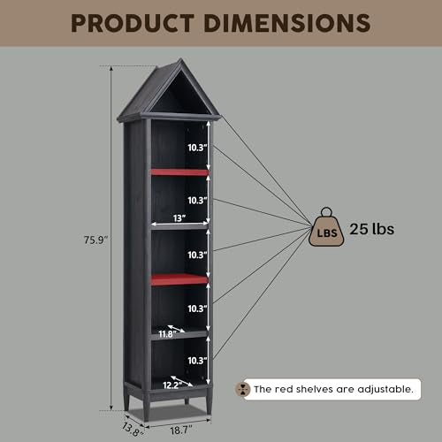 IFGET 75.9" Tall Farmhouse Bookcase, Angle Arched 5 Tiers Narrow Bookshelf Cabinet with Adjustable Shelves, Modern Wooden Geometric Book Shelf w/Display Storage for Living Room, Office-Dark Grey IFGET